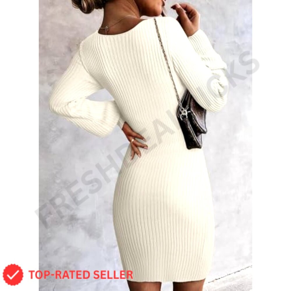 Ribbed Knit Sweater Dress Long Sleeve V Neck Bodycon Mini Dress - Picture 2 of 7